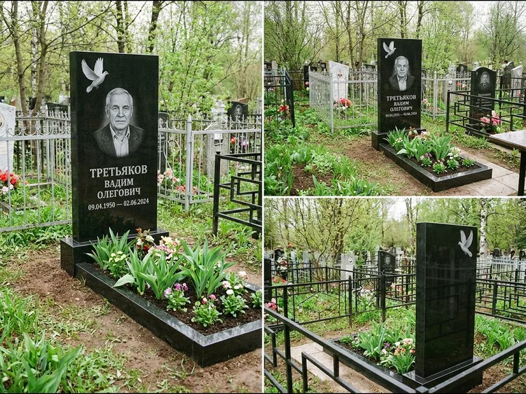 Памятник с гравировкой голубей — белая гравировка взлетающего голубя над портретом, работа «Третьяков» в Альметьевске