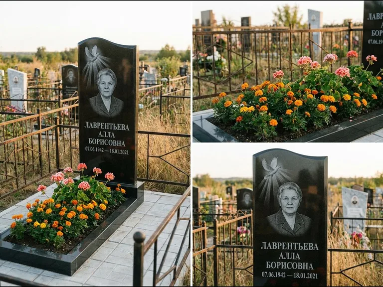 Памятник с гравировкой голубей — гравировка голубя в лучах света над портретом, работа «Лаврентьева» в Альметьевске