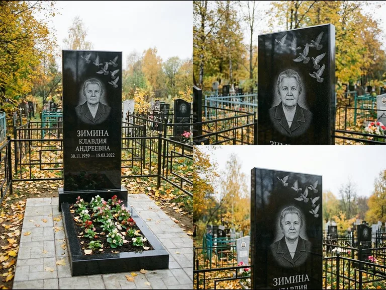 Памятник с гравировкой голубей — гравировка стаи голубей, взлетающей от угла стелы, работа «Зимина» в Альметьевске