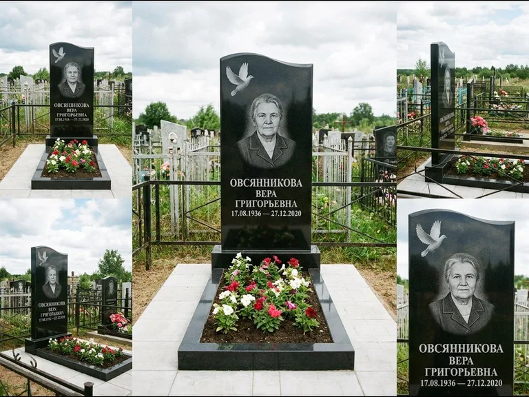 Памятник с гравировкой голубей — белая гравировка взлетающего голубя над портретом, работа «Овсянникова» в Альметьевске