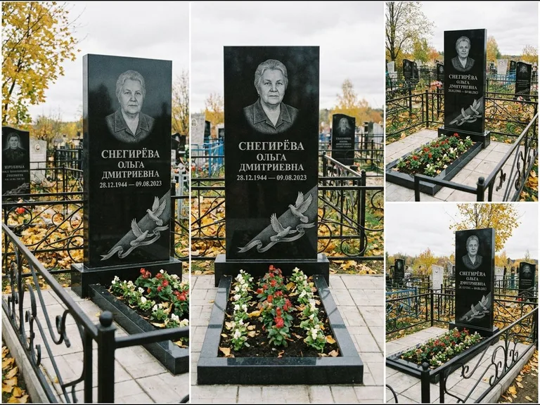 Памятник с гравировкой голубей — гравировка двух летящих голубей с лентой по диагонали стелы, работа «Снегирёва» в Альметьевске