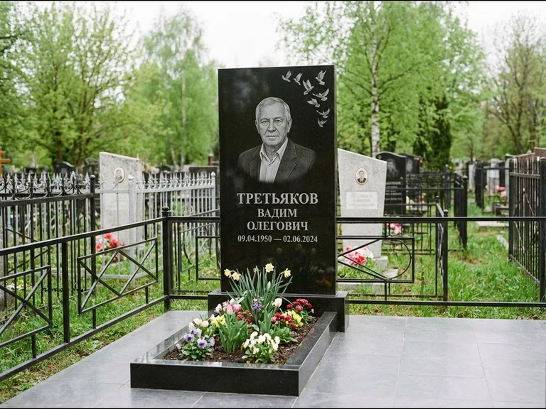 Памятник с гравировкой голубей — гравировка стаи голубей, взлетающей от угла стелы, работа «Третьяков» в Альметьевске