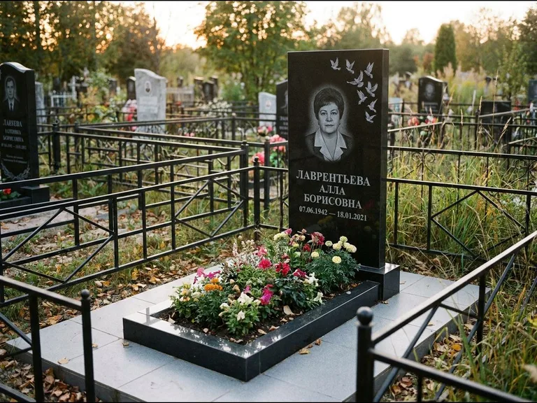 Памятник с гравировкой голубей — гравировка стаи голубей, взлетающей от угла стелы, работа «Лаврентьева» в Альметьевске