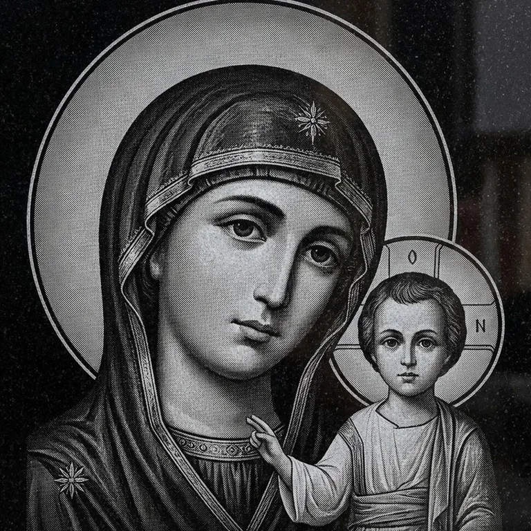Эскиз иконы: Казанская (полутон) — детальный образ Богородицы, гравировка на памятник в Альметьевске