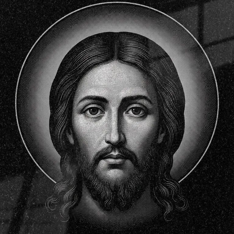 Эскиз иконы: Спас Нерукотворный (полутон) — детальный лик на убрусе, гравировка на памятник в Альметьевске