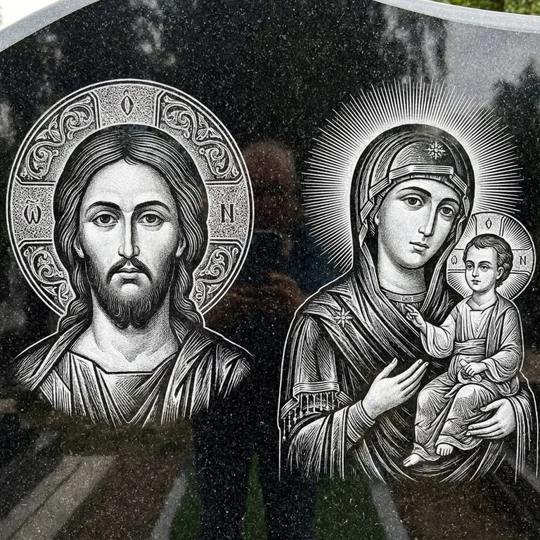 Эскиз иконы: Спаситель и Богородица — парные образы симметрично, гравировка на памятник в Альметьевске