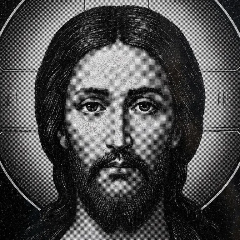 Эскиз иконы: Спас Вседержитель (полутон) — объёмный лик, светотень, гравировка на памятник в Альметьевске