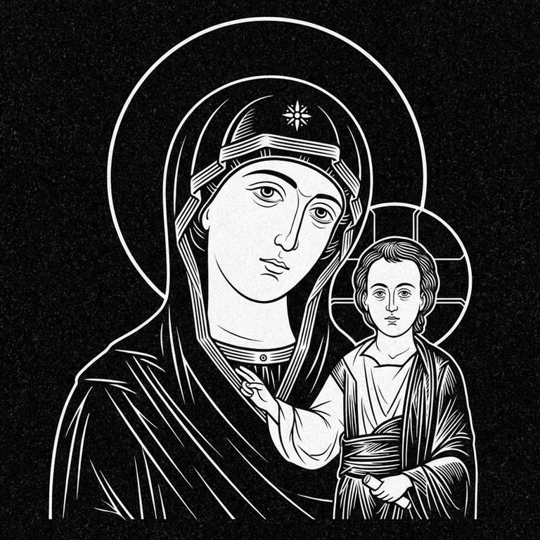 Эскиз иконы: «Утоли моя печали» — облегчение скорби, гравировка на памятник в Альметьевске