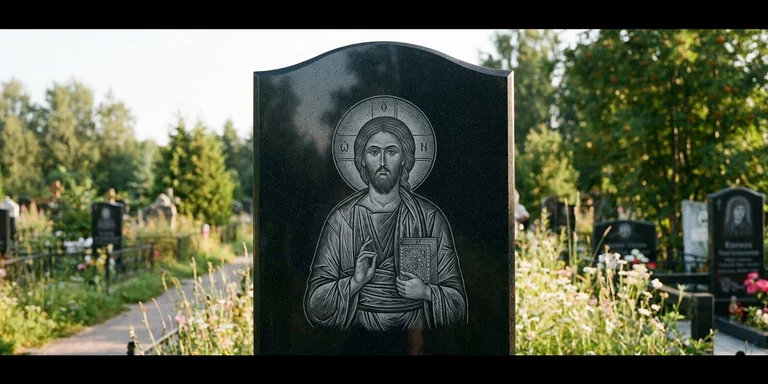 Иконы для гравировки на памятник в Альметьевске — образ на стеле из чёрного гранита с ручной доводкой лика