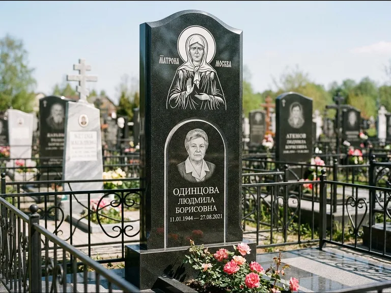 Памятник с гравировкой иконы — Владимирская икона Божией Матери с Младенцем, работа «Зотов» в Альметьевске