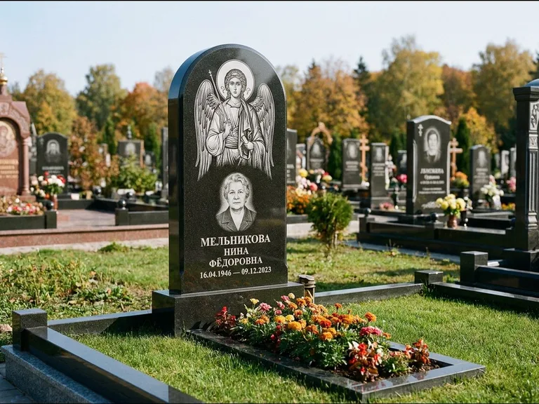 Памятник с гравировкой иконы — икона над портретом усопшего, работа «Журавлёв» в Альметьевске