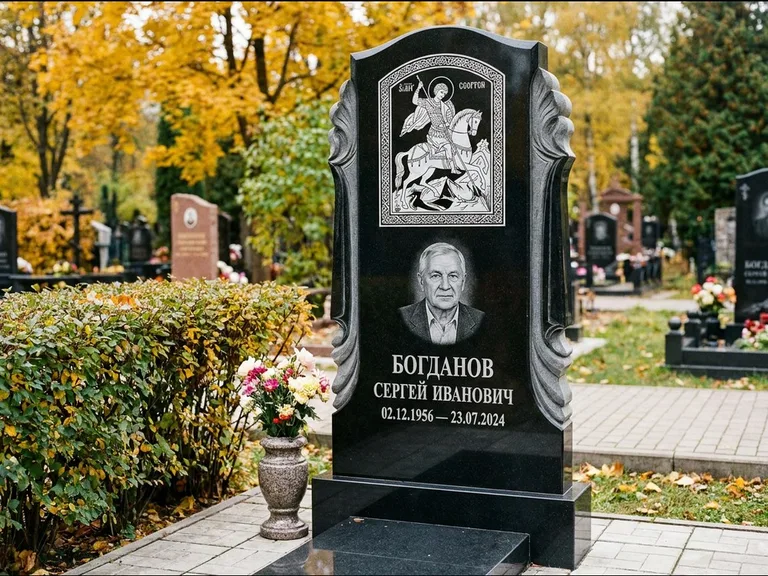 Памятник с гравировкой иконы — икона Спаса Вседержителя над именем усопшего, работа «Лебедева» в Альметьевске