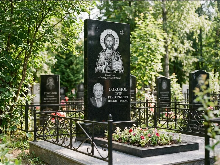 Памятник с гравировкой иконы — икона Спаса Вседержителя над именем усопшего, работа «Воронцова» в Альметьевске