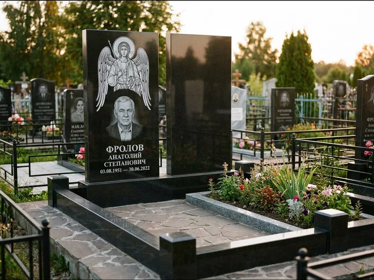 Памятник с гравировкой иконы: стела с резной рамкой вокруг иконы — Архангел Михаил на стеле, белая мраморная крошка с бордюром, работа «Богданова» в Альметьевске