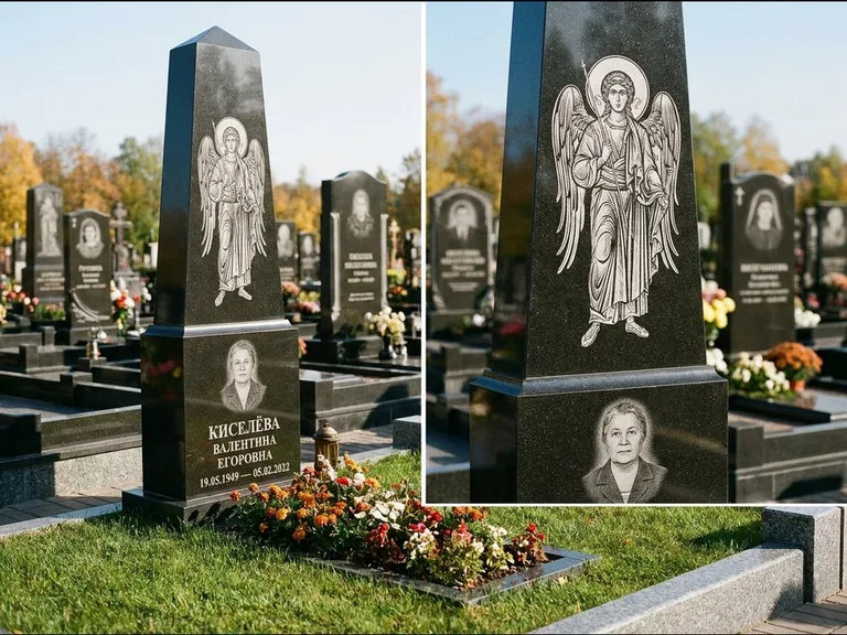 Памятник с гравировкой иконы: асимметричная скошенная стела — гравировка образа Спасителя, живая изгородь из кустарника, работа «Третьяков» в Альметьевске