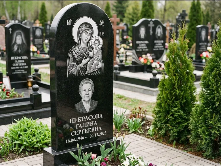 Памятник с гравировкой иконы: фигурная стела с киот-нишей под икону — икона в резной рамке-киоте, светлая гравийная отсыпка, работа «Журавлёв» в Альметьевске