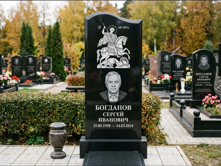 Памятник с гравировкой иконы: монументальный семейный мемориал из двух стел на общем цоколе — гравировка Николая Чудотворца, мощёная гранитная площадка без ограды, работа «Раевская» в Альметьевске