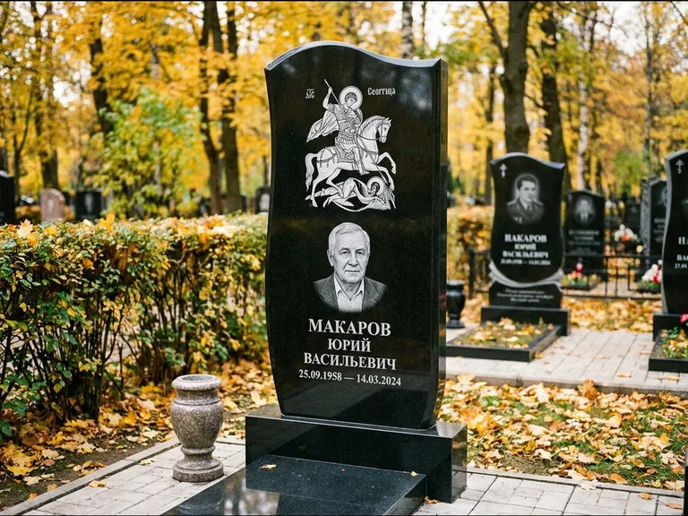 Памятник с гравировкой иконы — икона над портретом усопшего, работа «Раевская» в Альметьевске