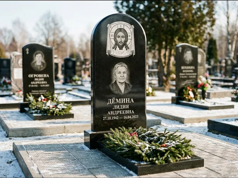 Памятник с гравировкой иконы — икона Спаса Вседержителя над именем усопшего, работа «Ковалёв» в Альметьевске