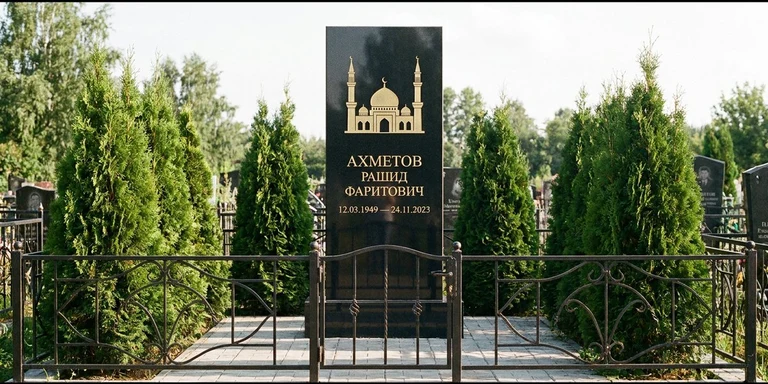 Гравировка мечети на памятник в Альметьевске — стела из чёрного гранита, оформление по канонам ислама