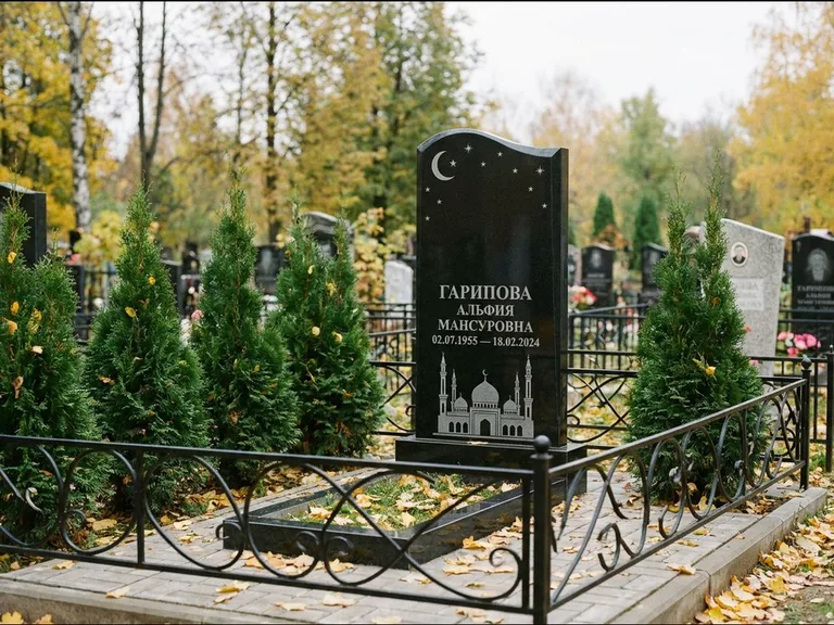 Мусульманский памятник с гравировкой мечети — мечеть с луной в ночном небе, работа «Гарипова» в Альметьевске
