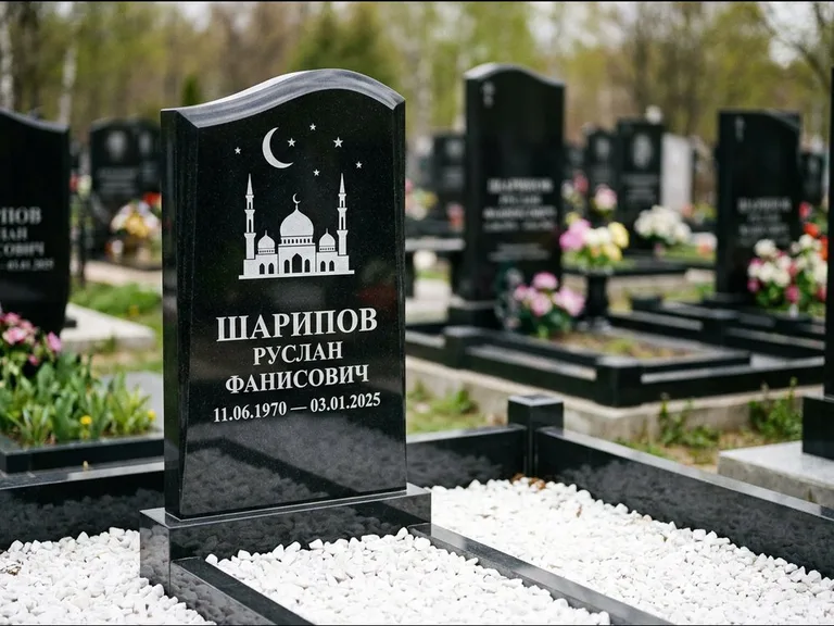 Мусульманский памятник с гравировкой мечети: стела с волнообразным скошенным верхом — гравировка мечети под полумесяцем и звёздами, белая мраморная крошка с бордюром, работа «Шарипов» в Альметьевске