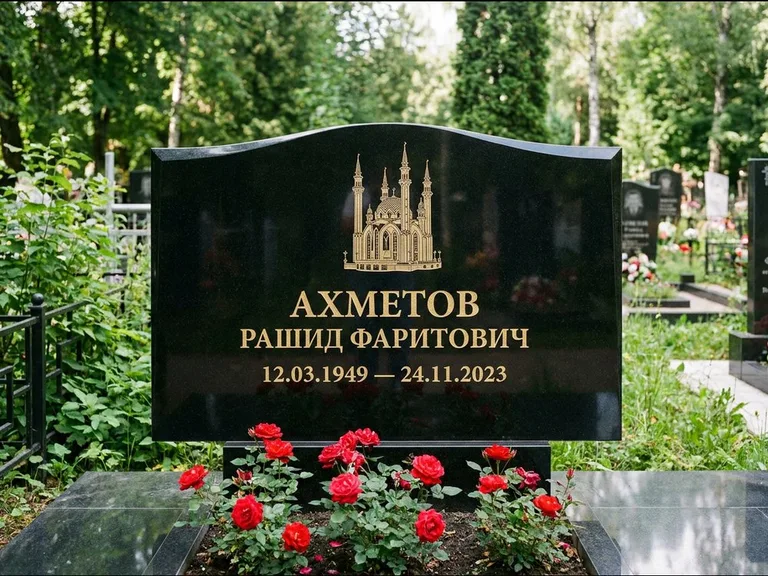 Мусульманский памятник с гравировкой мечети: широкая двойная семейная стела — золочёная гравировка мечети, цветник с красными розами, работа «Ахметов» в Альметьевске