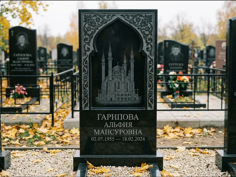 Мусульманский памятник с гравировкой мечети: фигурная стела с михраб-нишей — гравировка мечети в михраб-арке с орнаментом, светлая гравийная отсыпка, работа «Гарипова» в Альметьевске
