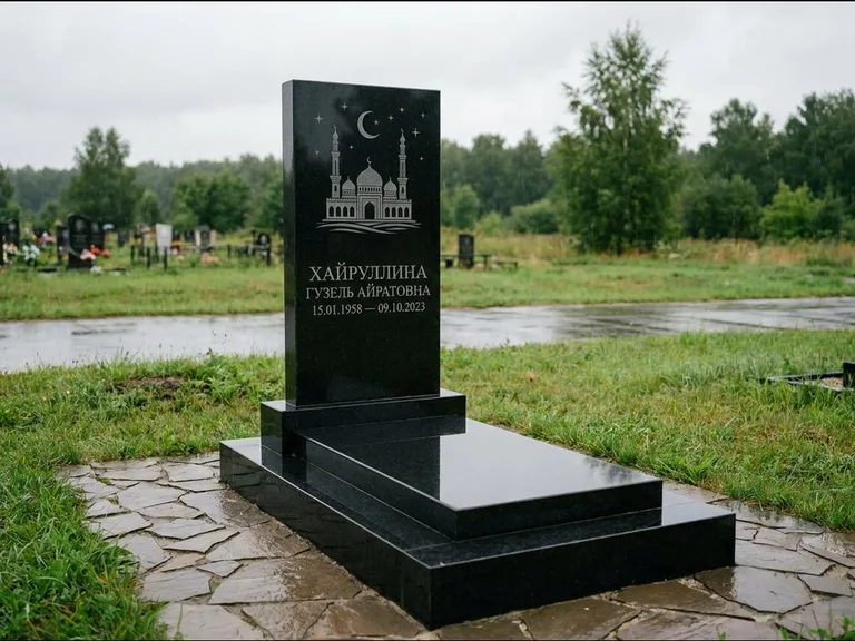 Мусульманский памятник с гравировкой мечети: ступенчатая двухуровневая стела — гравировка мечети под полумесяцем и звёздами, каменная дорожка из плитняка, работа «Хайруллина» в Альметьевске