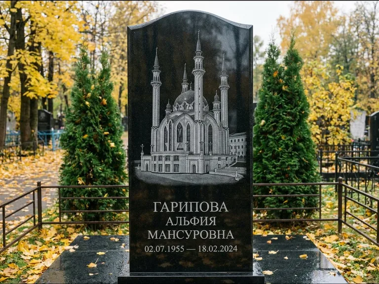 Мусульманский памятник с гравировкой мечети — мечеть Кул-Шариф на обороте стелы, работа «Гарипова» в Альметьевске