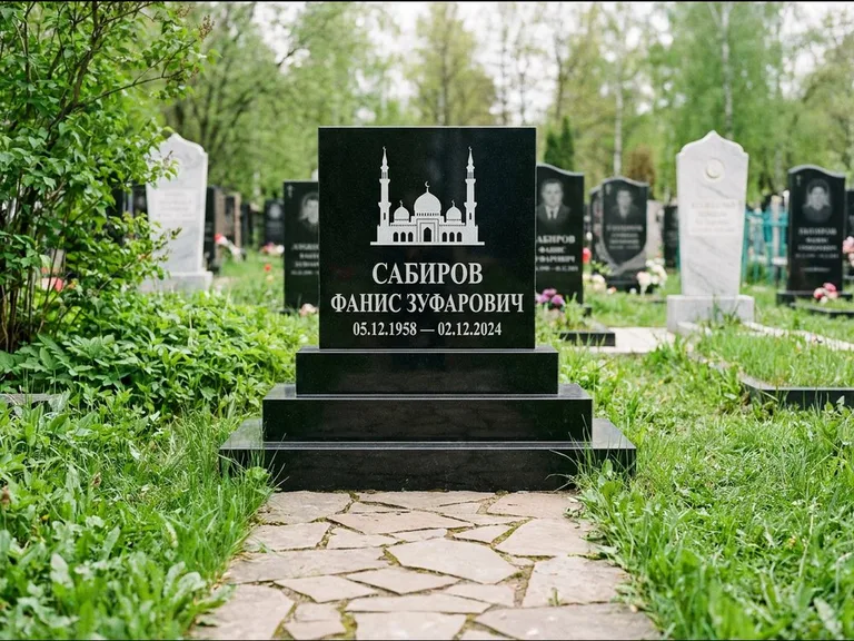 Мусульманский памятник с гравировкой мечети: ступенчатая трёхуровневая стела — золочёная гравировка мечети, дорожка из природного плитняка, работа «Юсупов» в Альметьевске