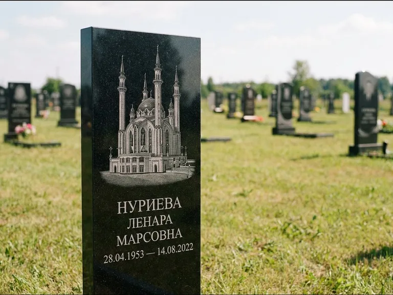 Мусульманский памятник с гравировкой мечети: узкая вертикальная стела-пилон — гравировка мечети в михраб-арке с орнаментом, открытая лужайка без ограды, работа «Хайруллина» в Альметьевске