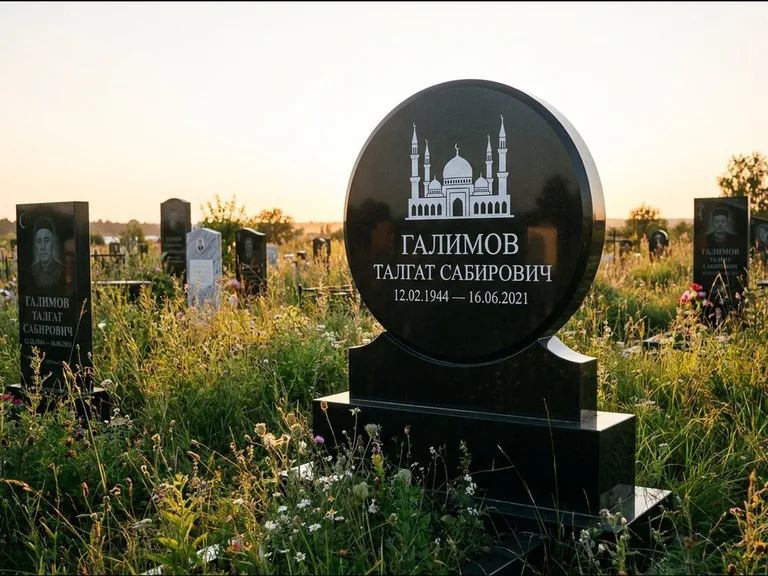 Мусульманский памятник с гравировкой мечети: округлая стела-медальон на тумбе — гравировка мечети в михраб-арке с орнаментом, луговые травы и полевые цветы, работа «Каримов» в Альметьевске