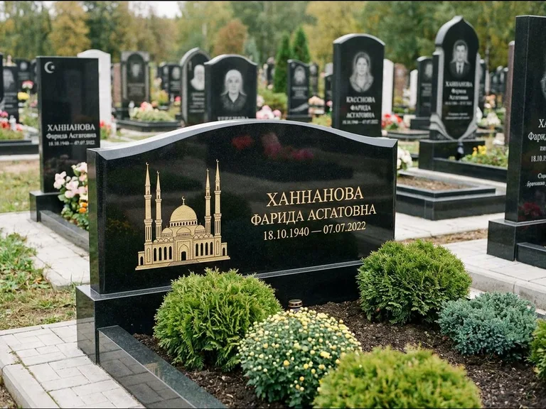Мусульманский памятник с гравировкой мечети: вытянутая горизонтальная семейная стела с аркой — белая гравировка силуэта мечети с минаретами, участок с декоративными кустами, работа «Гарипова» в Альметьевске