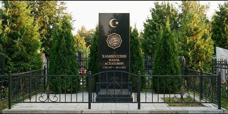 Гравировка на мусульманском памятнике в Альметьевске — стела из чёрного гранита, оформление по канонам ислама