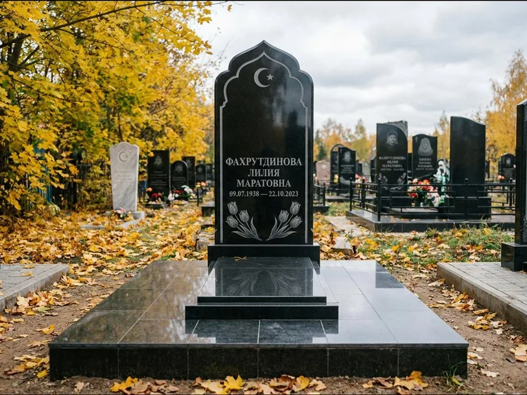 Мусульманский памятник: стела с михраб-навершием в форме арки — гравировка минарета с полумесяцем, гранитный цоколь с тёмной плиткой, работа «Фахрутдинова» в Альметьевске