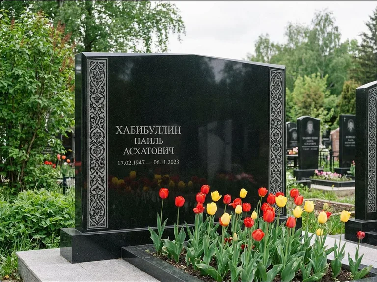 Мусульманский памятник: широкая двойная семейная стела — золочёная гравировка мечети, цветник с тюльпанами, работа «Хабибуллин» в Альметьевске