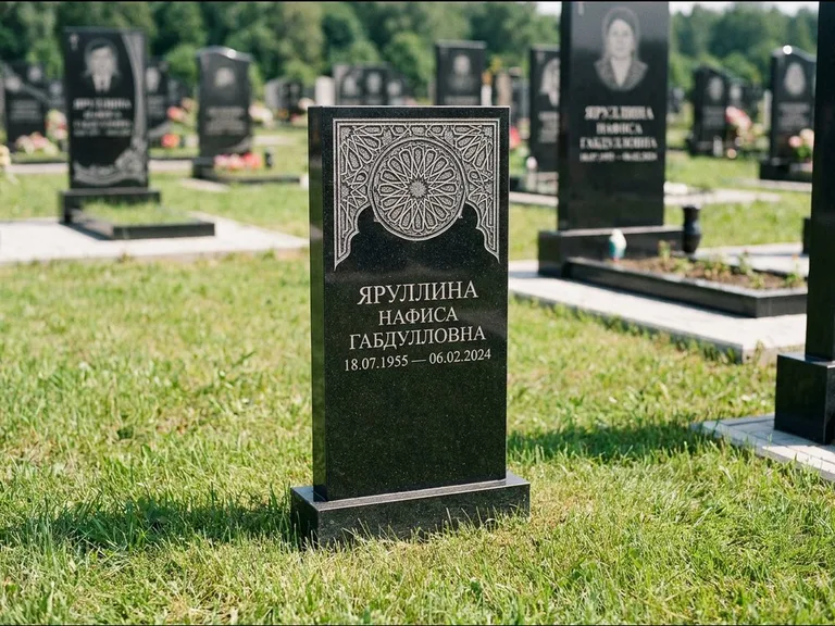 Мусульманский памятник: небольшая скромная невысокая стела — золочёная гравировка мечети, аккуратный участок с газоном, работа «Фахрутдинова» в Альметьевске