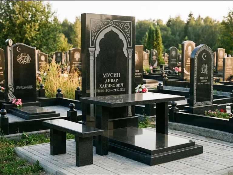 Мусульманский памятник: стела с гранитным столиком и скамьёй — гравировка мечети под полумесяцем и звёздами, семейный участок с плиткой, работа «Гимаев» в Альметьевске