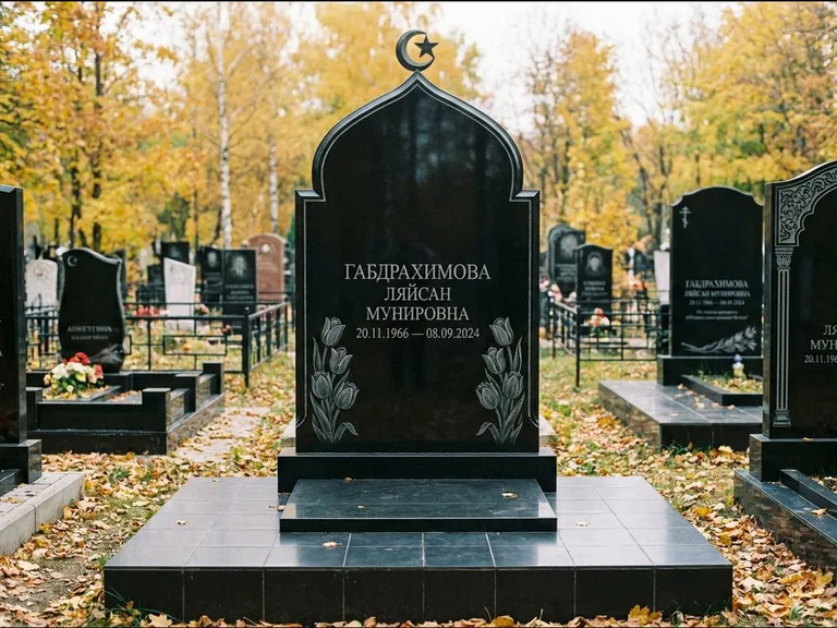 Мусульманский памятник: массивная стела с михраб-навершием — белая гравировка силуэта мечети с минаретами, цоколь тёмной плиткой, работа «Магомедова» в Альметьевске