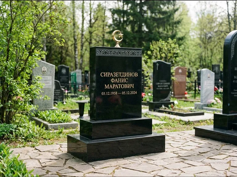 Мусульманский памятник: ступенчатая трёхуровневая стела — золочёная гравировка мечети, дорожка из природного плитняка, работа «Мустафин» в Альметьевске