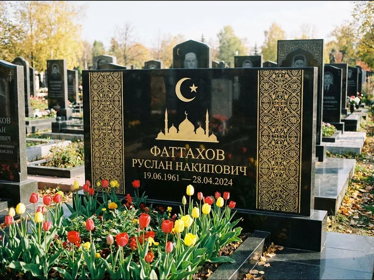 Мусульманский памятник: широкая панорамная стела с золочёным орнаментом — гравировка минарета с полумесяцем, цветник с тюльпанами, работа «Сулейманов» в Альметьевске