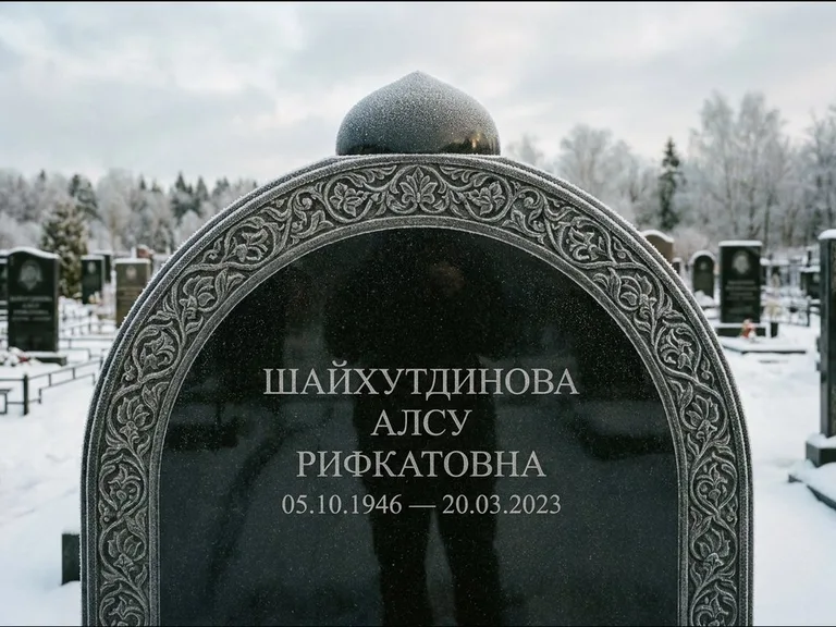 Мусульманский памятник: полукруглая стела с купольным навершием — гравировка мечети под полумесяцем и звёздами, заснеженный зимний участок, работа «Ганиева» в Альметьевске
