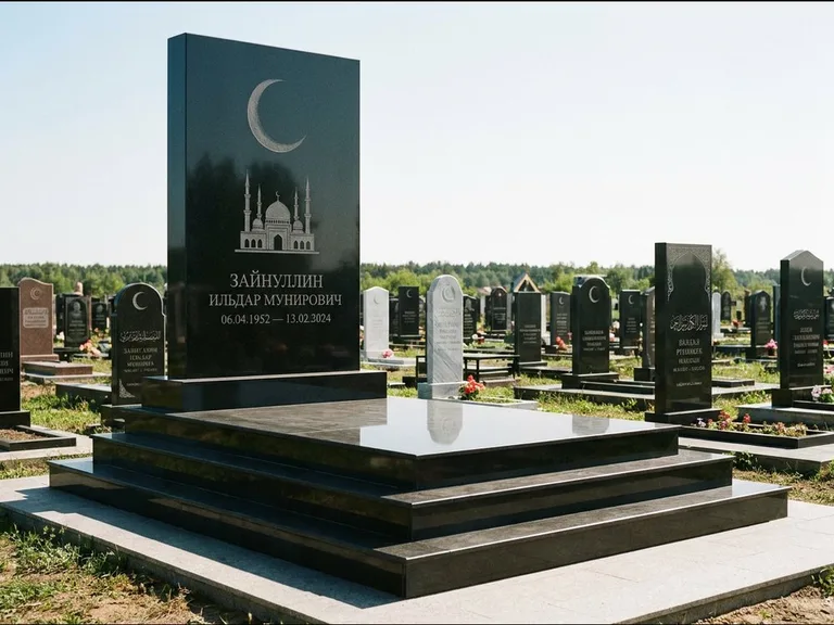 Мусульманский памятник: массивная стела на ступенчатом постаменте — гравировка мечети под полумесяцем и звёздами, гранитная площадка без ограды, работа «Хабибуллин» в Альметьевске
