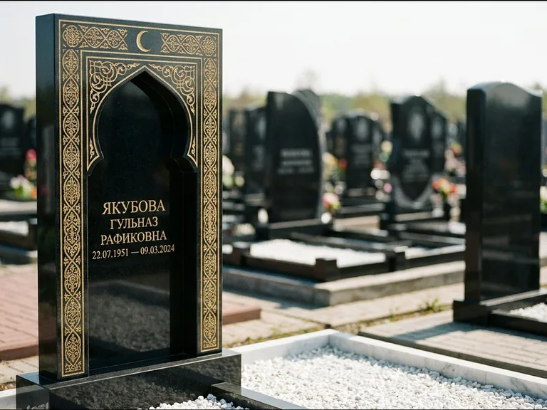 Мусульманский памятник: стела в форме михраба с глубокой нишей и золочёным орнаментом — детализированная гравировка мечети Кул-Шариф, участок с белой мраморной крошкой, работа «Мустафин» в Альметьевске