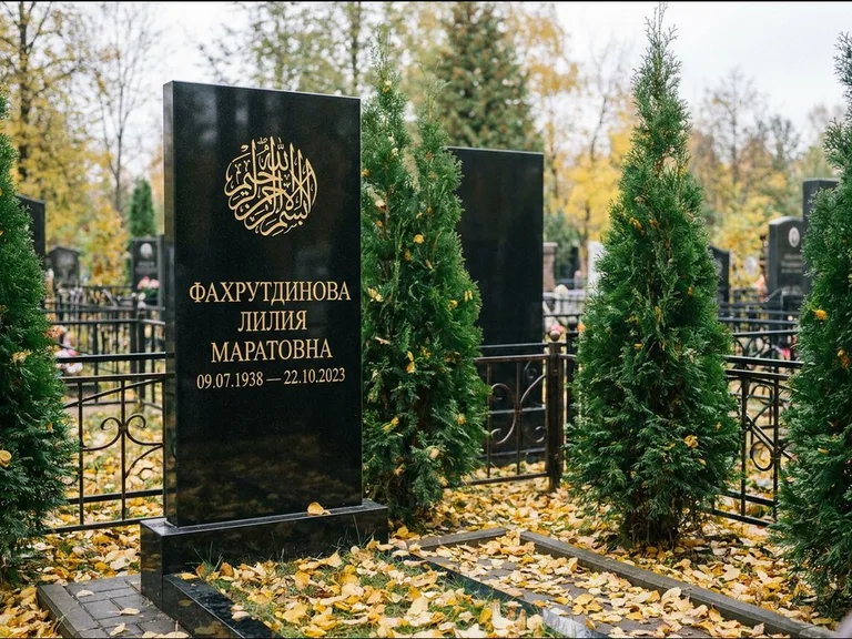 Мусульманский памятник — шахада в верхней части стелы, работа «Фахрутдинова» в Альметьевске