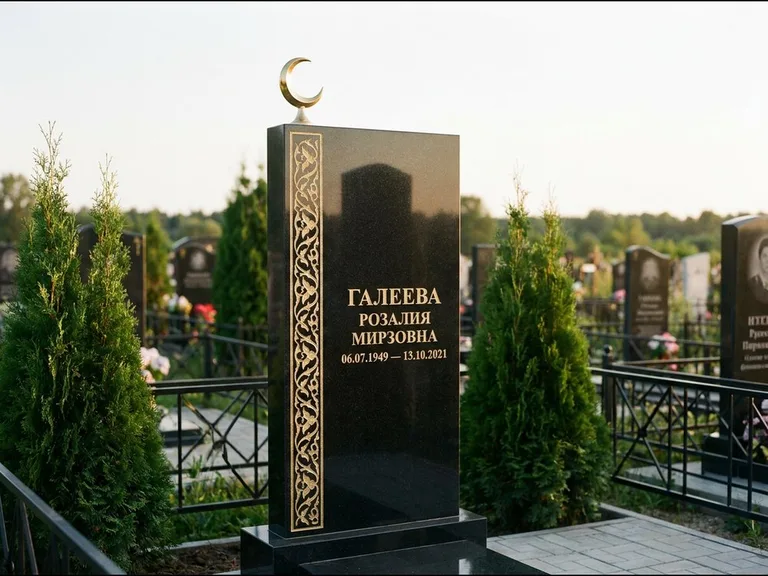 Памятник с гравировкой полумесяца — золочёный полумесяц и колонна растительного орнамента-ислими, работа «Галеева» в Альметьевске