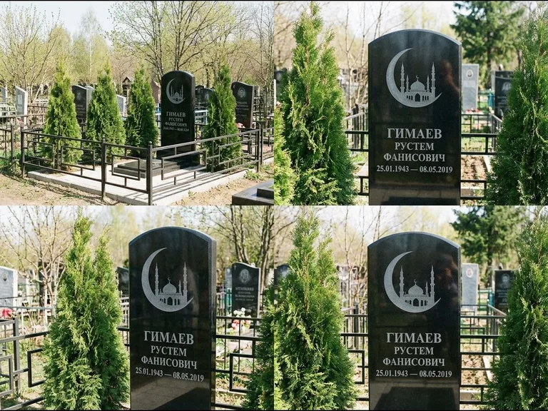 Памятник с гравировкой полумесяца — гравировка полумесяца над силуэтом мечети, работа «Гимаев» в Альметьевске