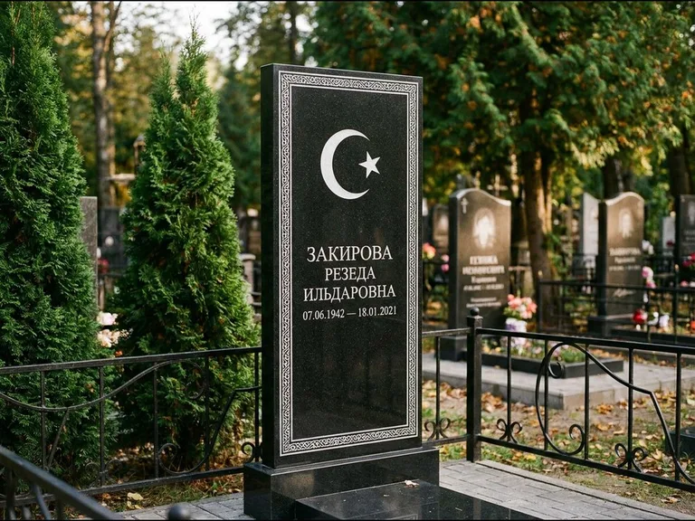 Памятник с гравировкой полумесяца — строгая белая гравировка полумесяца со звездой и орнаменталь, работа «Закирова» в Альметьевске