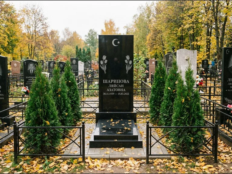 Памятник с гравировкой полумесяца — гравировка полумесяца со звездой и тюльпанами по бокам, работа «Шарипова» в Альметьевске